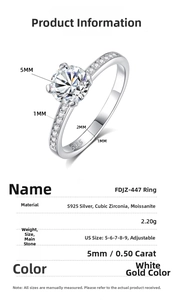 Macro detail of S925 sterling silver ring with 0.5ct moissanite and sizing parameters