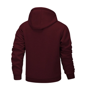 Detail view of burgundy fleece hoodie back showing ribbed cuffs and hood texture
