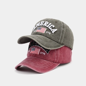 Vintage washed cotton baseball caps with America 1776 flag embroidery in green and burgundy