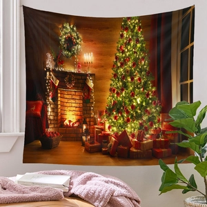 Detailed Christmas tree tapestry with festive fireplace and gifts in a cozy home setting