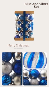 Detailed view of blue and silver Christmas ornaments with glitter and matte finishes