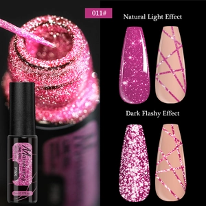 Macro view of 011 pink reflective glitter line gel in natural light and dark flashy mode