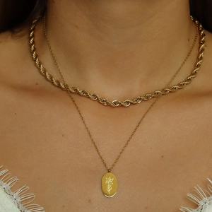 Gold stainless steel double layer necklace with floral pendant on a rope chain