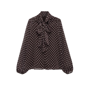 Polka Dot Long Sleeve Blouse Polyester Bow Tie Neck Retro Lantern Sleeve Elegant Top Women