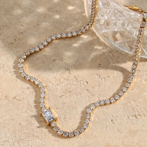 Tennis Necklace And Bracelet Emerald Cut Rectangular Zircon 18K Gold Plated Titanium Steel Elegant Jewelry For Women