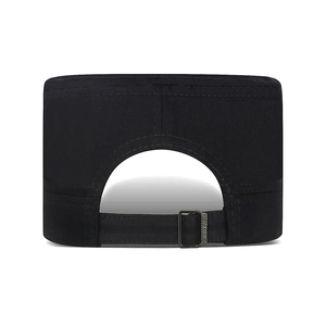 Men's cotton flat top cap in black with adjustable metal buckle back view