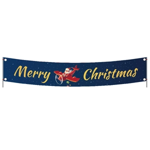 Blue Christmas banner with Merry Christmas text and cartoon Santa Claus in a plane