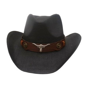 Classic black woven western cowboy hat with a brown leather bull head ornament band