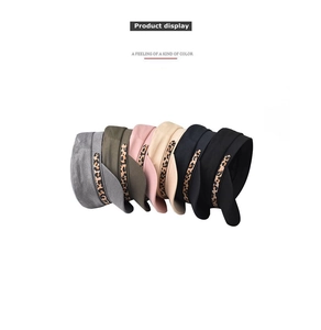 Detail showing various colors of flat top caps with trendy leopard print decorative bands