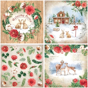 Detailed patterns of vintage Christmas scrapbooking paper with reindeer and winter scenes