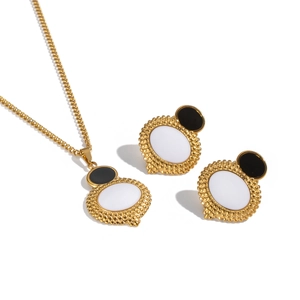 Minimalist stainless steel oval necklace and earrings set with black and white enamel