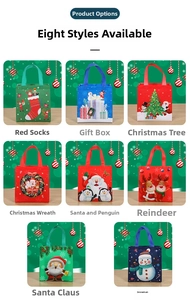 Detailed grid of eight varied Christmas non-woven gift bags with festive holiday patterns