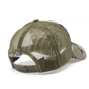 Camouflage mesh trucker hat with breathable fabric and adjustable snapback closure