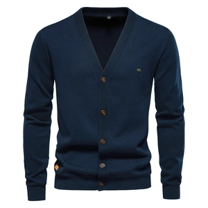 Classic navy blue V-neck knit cardigan for men featuring brown wood-texture buttons