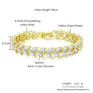 Elegant gold leaf marquise cubic zirconia bracelet with 3x6mm sparkling crystal stones