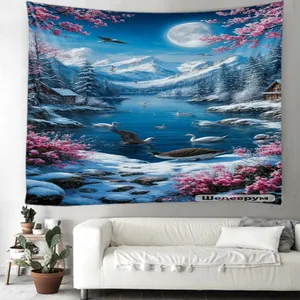 Detailed view of nature tapestry featuring snow mountains and lake hanging in a living room