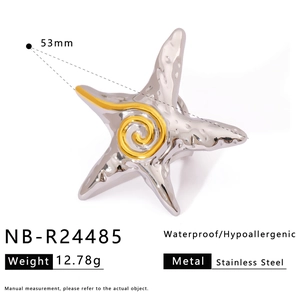 Macro detail of silver starfish ring with gold swirl texture and 53mm diameter size