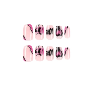 Short square press-on nails with purple pink gradient and black graffiti art design