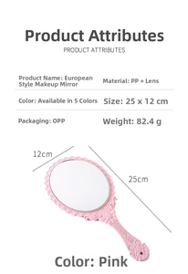 Detailed dimensions of pink vintage European style handheld vanity mirror, 25 by 12 cm size