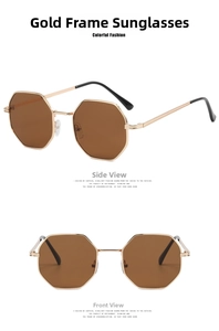 Detail view of octagon metal frame sunglasses with gold finish and brown lenses
