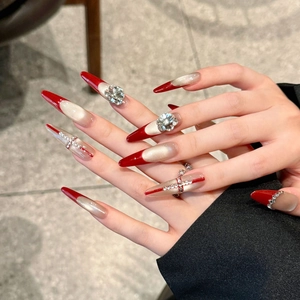 French red long stiletto press-on nails with cross crystal design and rhinestones