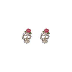 Punk style skull and red rose stud earrings with colorful rhinestones on gold base