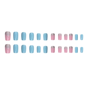 Short square press-on nails set featuring light blue and glitter pink gradient styles