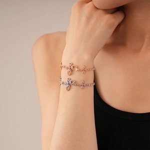 Butterfly Flower Bracelet Pink White Zircon Copper Tennis Chain Elegant Sweet Adjustable Jewelry For Women