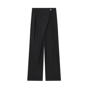 Women High Waist Wide Leg Pants Asymmetric Overlap Waistband Straight Trousers Solid Black Polyester Casual Office