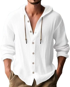 Detail of white linen hooded shirt featuring a buttoned placket and drawstring texture