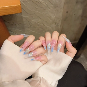 Faux Ongles à Presser Stilettos Longs Faits à Main Dégradé Rose Bleu Fleur de Lys 3D Strass Style Doux et Pur
