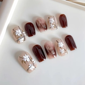 White Flower Press On Nails Caramel Brown Nude Pink Glossy Glitter Gradient Square Round Elegant Manicure Daily Accessory