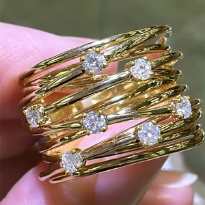 Anillo Ancho De Varias Capas Enrolladas De Cobre Con Circón Transparente Incrustado Joyería De Moda Elegante Para Mujer