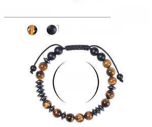 Detail showing 8mm tiger eye beads and adjustable cord on morse code bracelet