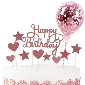 Rose gold Happy Birthday cake topper set with sequin balloon stars and heart shapes