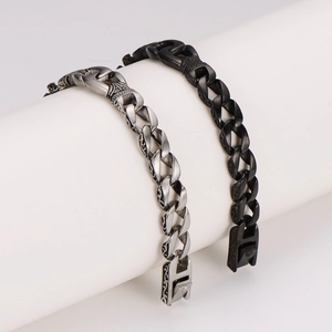 Retro engraved totem Cuban chain bracelet for men in silver and black stainless steel