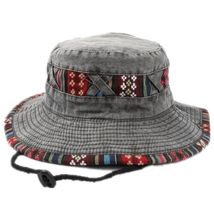 Vintage washed cotton fisherman hat with ethnic embroidery and adjustable windproof rope