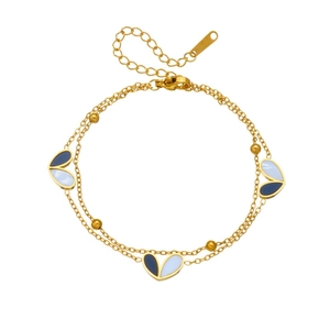 Double-layered gold plated stainless steel bracelet with blue and white heart charms