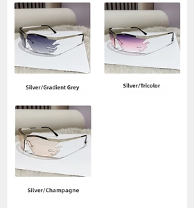 Frameless flame-shaped sunglasses with silver temples in grey, tricolor and champagne