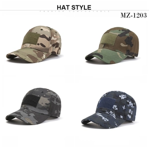 Detailed grid view of four tactical camouflage baseball caps with velcro patch panels