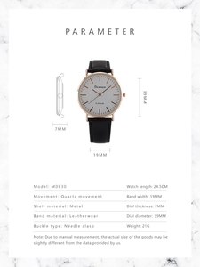 Detailed specifications of slim black leather watch with rose gold case and white dial
