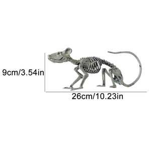 Detailed view of plastic mouse skeleton Halloween prop with size measurements shown