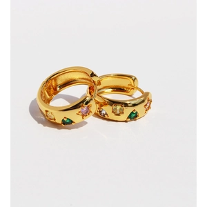 French vintage golden huggie hoop earrings with colorful zircon stars on white background