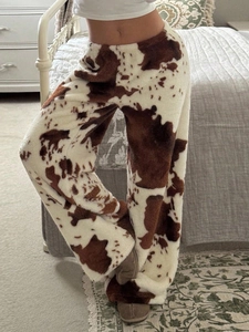 Pantalon Large Pour Femmes Imprimé Vache Pelucheux Taille Élastique Haute Décontracté Vêtements De Détente Hiver