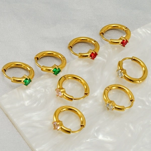 Set of eight gold-plated huggie earrings with colorful round-cut zircon stones