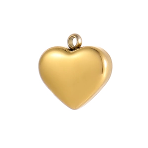 Detailed close-up of a 3D heart-shaped pendant in polished 18k gold-plated stainless steel