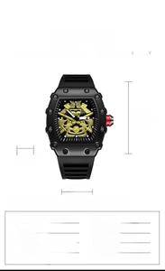Detailed specifications of tonneau sports watch featuring samurai dial and silicone strap