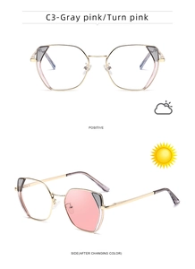 Detail view of square frame glasses transitioning from clear grey to pink in sunlight