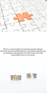 Detailed view of creative puzzle-shaped ring with interlocking silver and gold segments