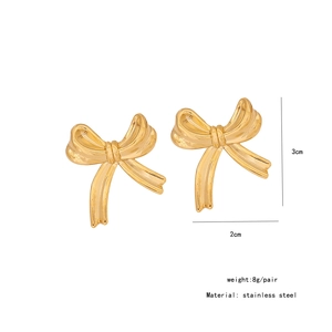 Detail showing dimensions of golden bow earrings made of durable stainless steel
